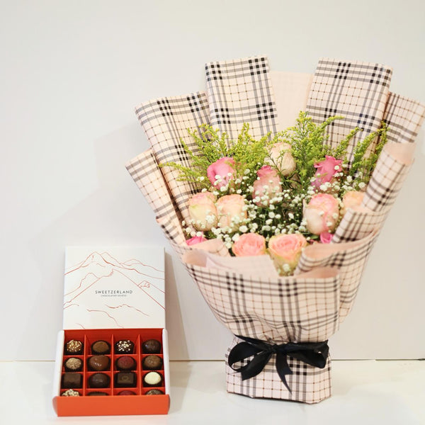 Pink bouquet with a Sweetzerland chocolate 12 flowers